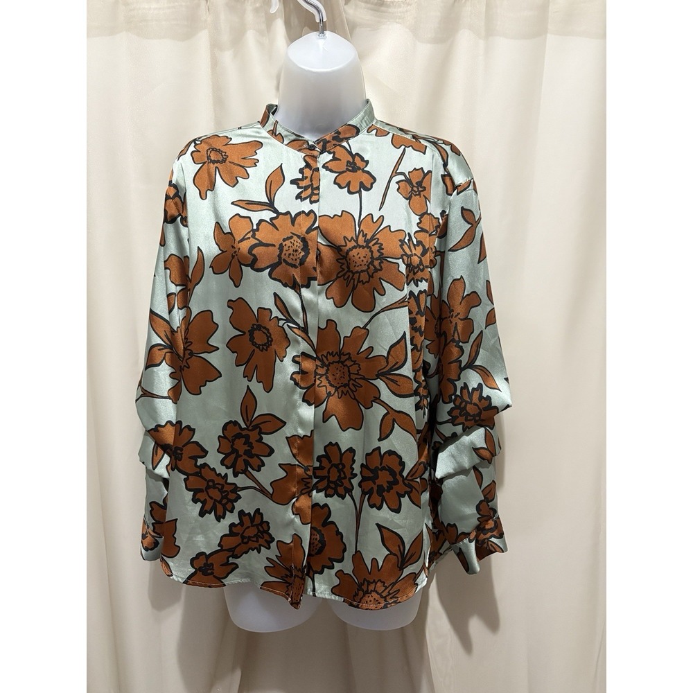 ZARA Basic Women's Button Down Olive Floral Blouse Size Small
